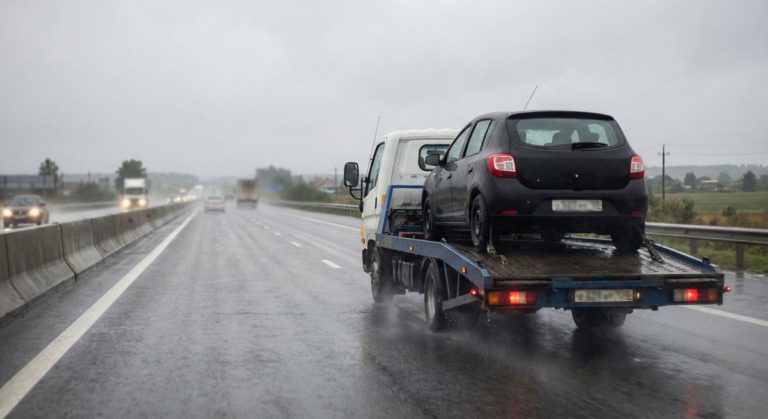Перевозка автомобиля по трассе М-4 Дон в дождь