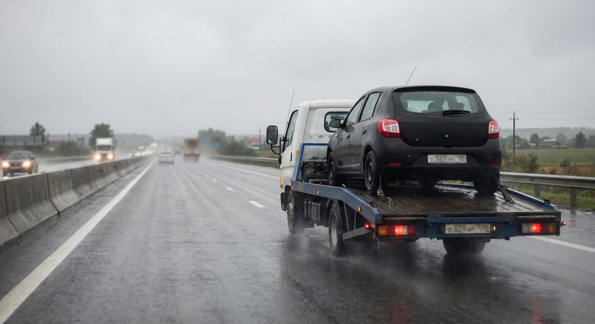 Перевозка автомобиля по трассе М-4 Дон в дождь